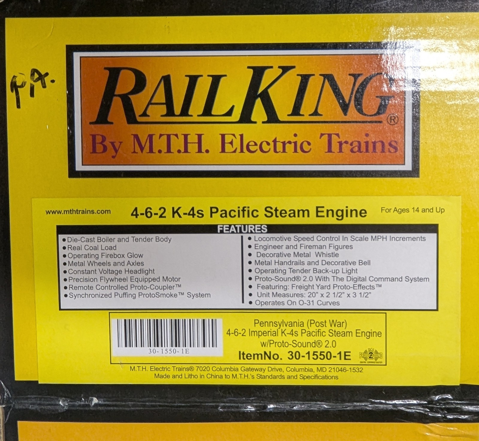 RAIL KING MTH O PRR 4-6-2 K-4 PACIFIC STEAM ENGINE 30-1550-1E PS2