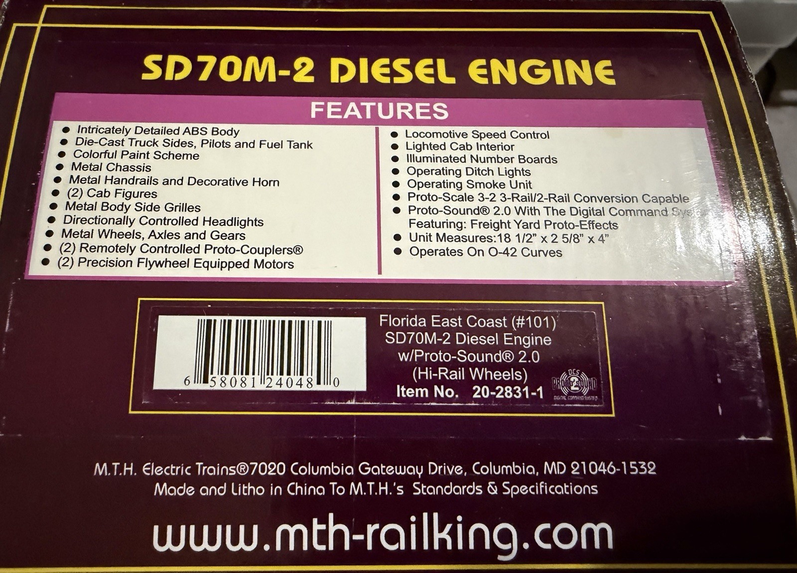 MTH PREMIER FLORIDA EAST COAST SD70M-2 PROTO SOUND 2.0
