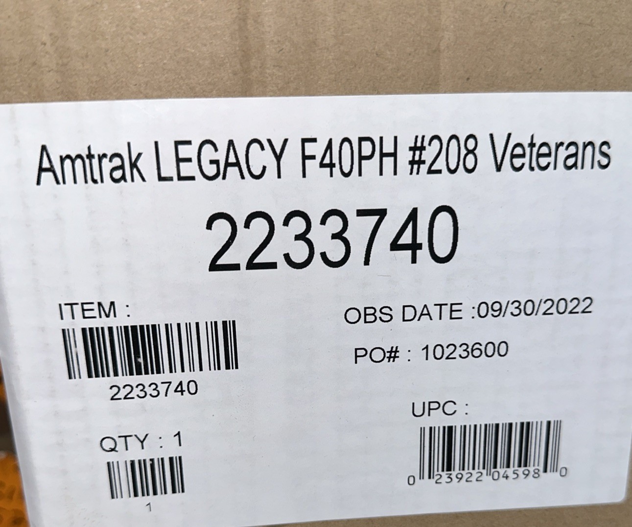 Lionel LEGACY 2233740 Amtrak (VETERANS) F40PH Diesel LOCOMOTIVE #208 O-Scale