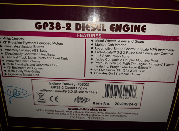 2-RAIL MTH PREMIER INDIANA RAILROAD GP38-2 DIESEL ENGINE 20-20224-2! O SCALE