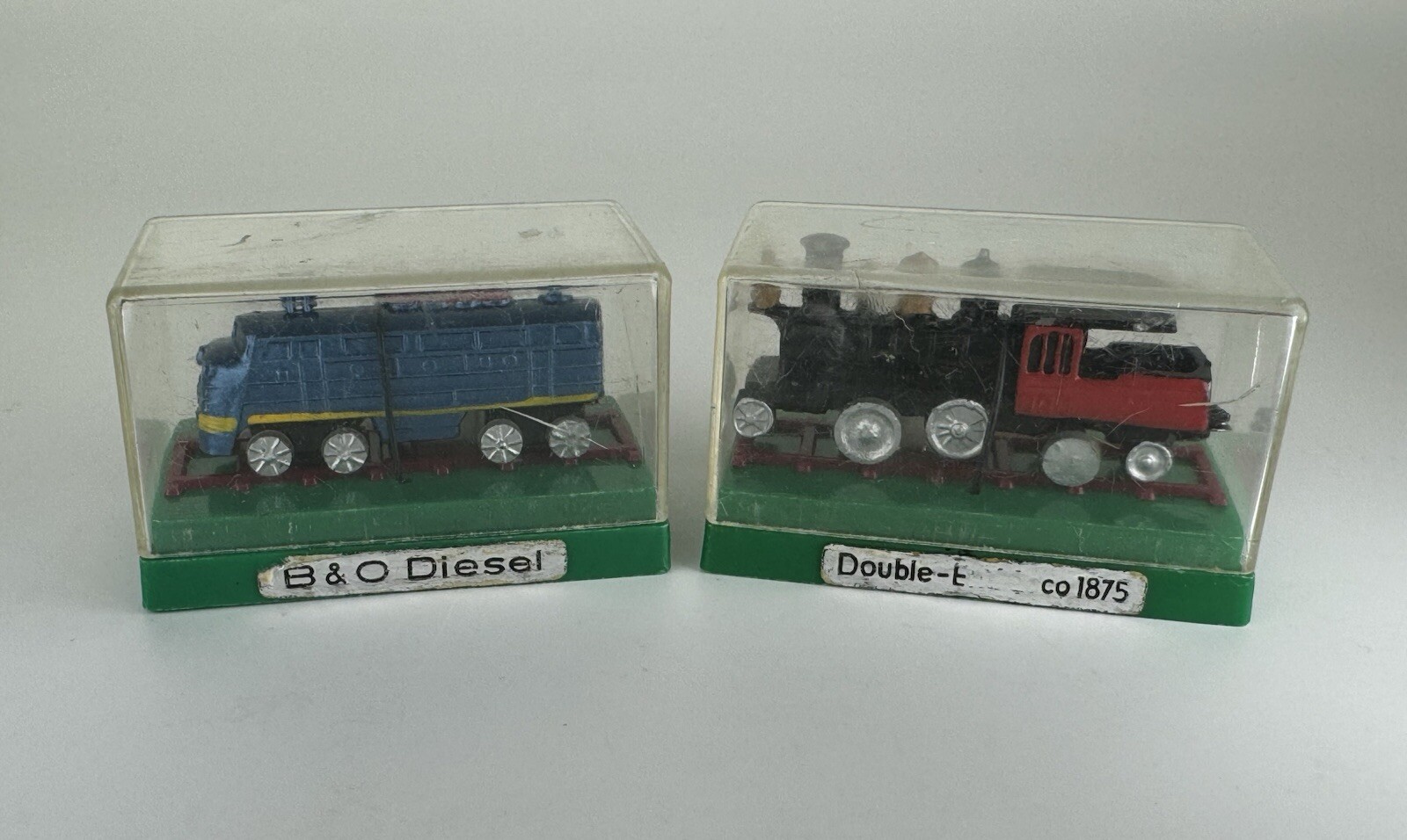 Vintage Lot of 2 Mini Classic Die Cast Metal Train Engine w/ Display Cases JAPAN