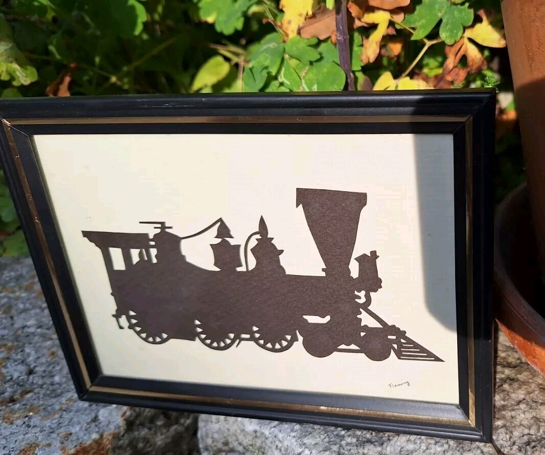 Signed 5 x 7 Vintage Cut Paper Silhouette Railroad Locomotive Train Steam Engine