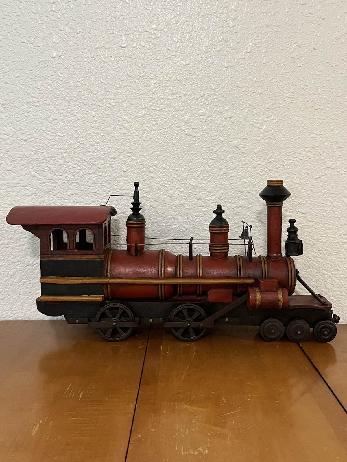 Vintage Wood Cast Iron Train Engine Steam Locomotive Hand Made 26” Long Folk Art