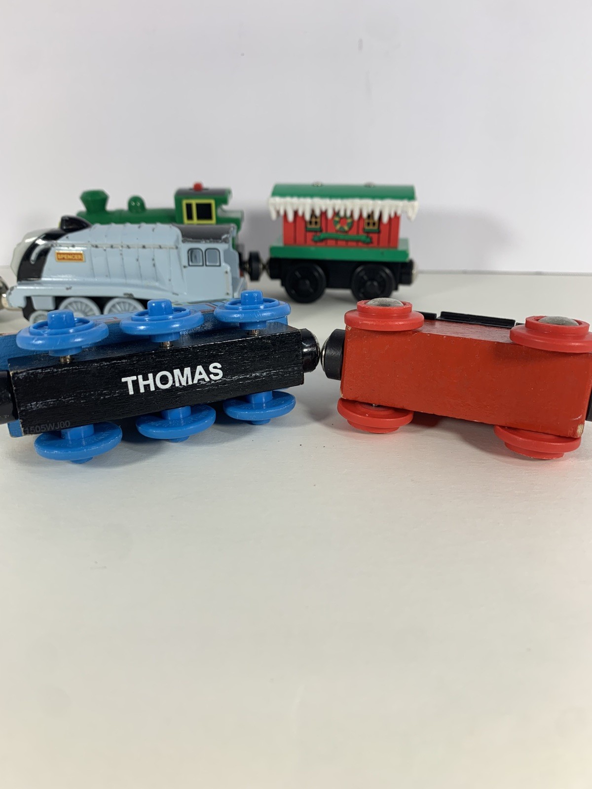 Brio, Thomas, & Spencer Wooden Railway Train Lot – 4 Engines & 2 Carts