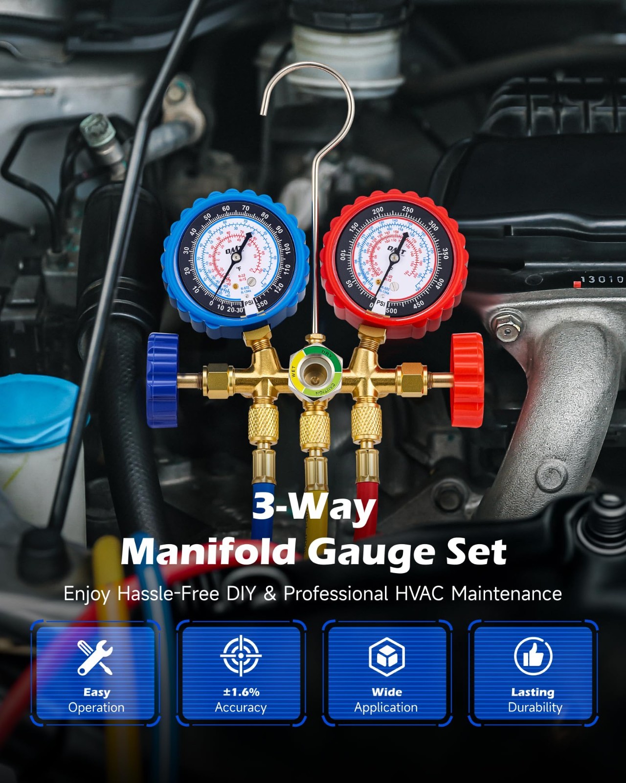 AC Gauge Set with Self-Sealing R134A Can Tap, 5FT Hoses & Adjustable Couplers –