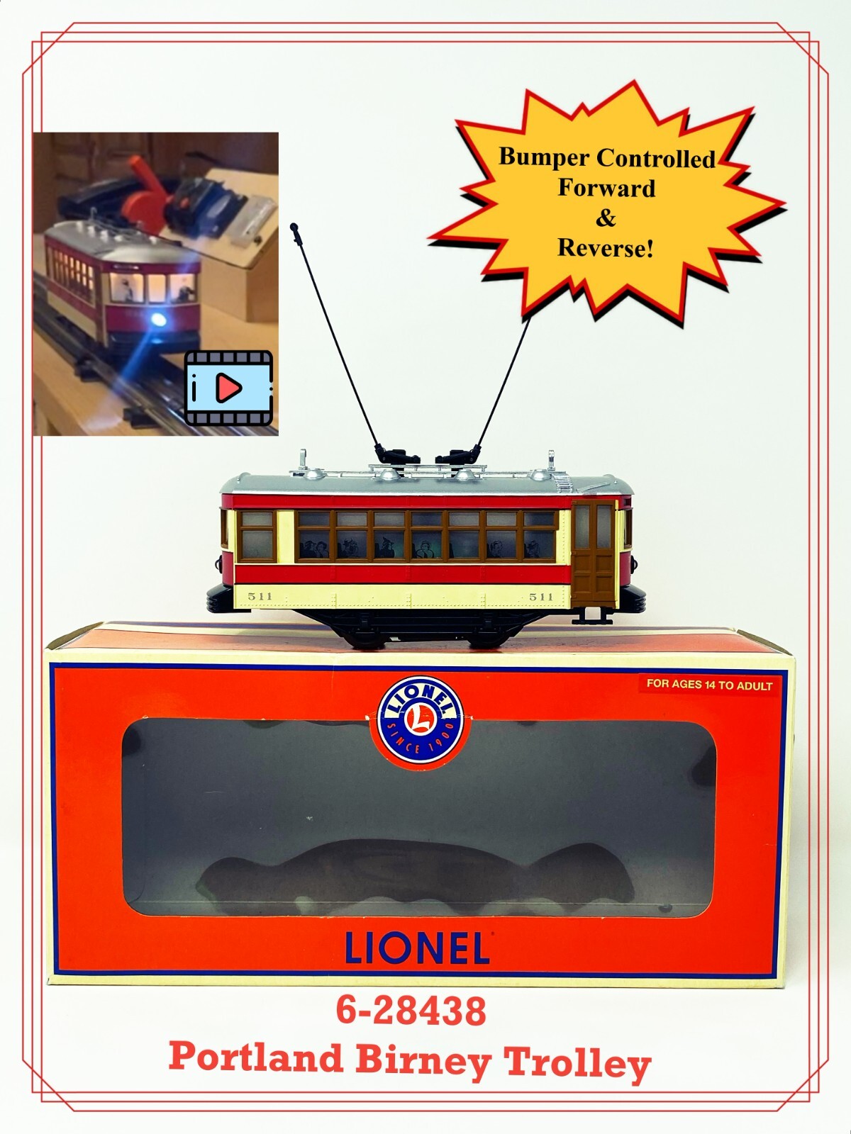 🚃 Lionel 6-28438 Portland Birney Bumper Trolley #511 Excellent w/ Box 🚃