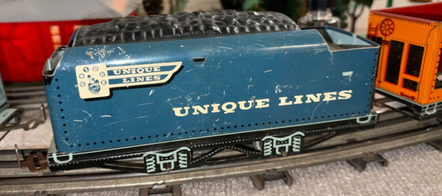 o gauge model trains, Unique Arts, Loco with Tenders and Gondola, 1950’s