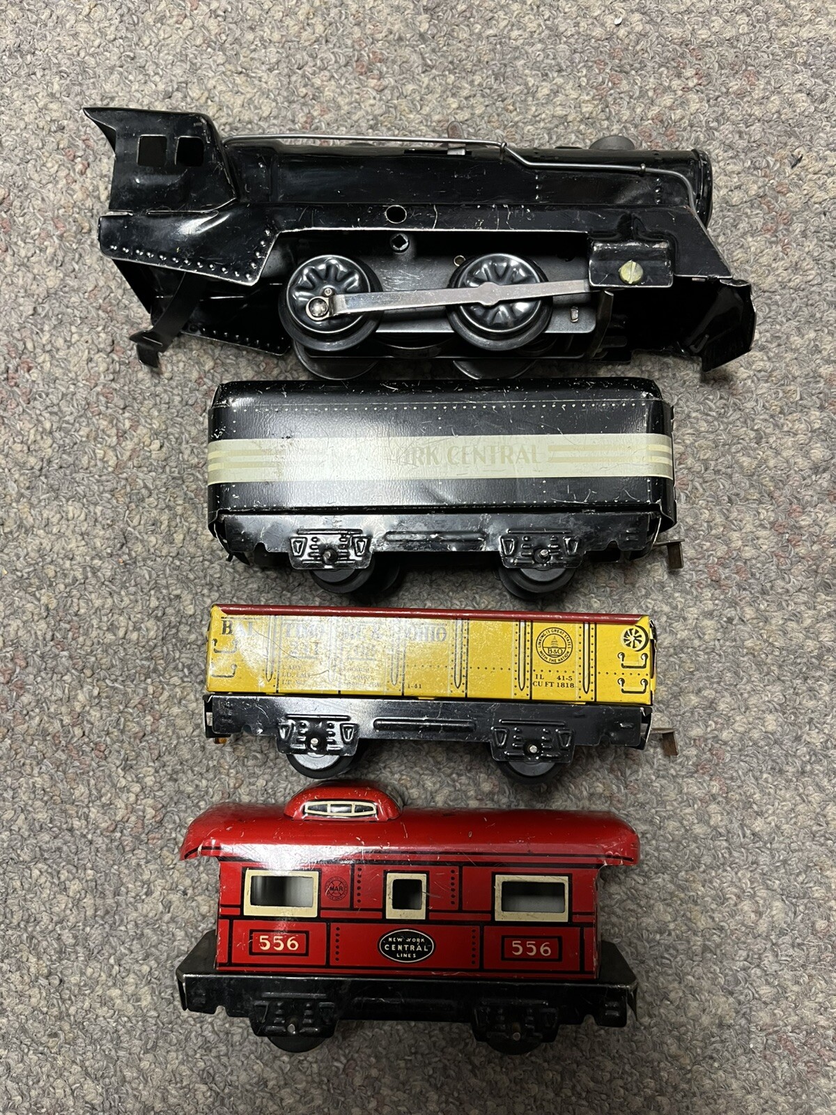 + Marx O Gauge 0-4-0 Wind Up Locomotive & NYC Tender 2 Freight Car Set READ