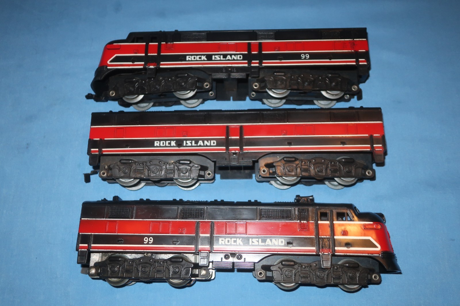 Marx #99 Rock Island E-7 Diesel Locomotive A/B/A Units. Runs well