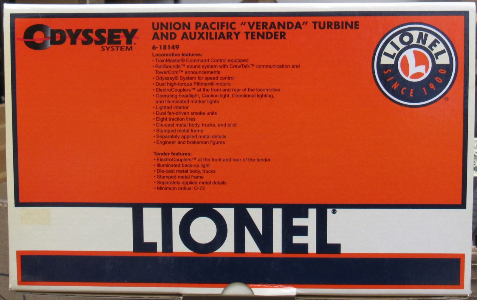 Lionel 18149 Union Pacific Veranda Gas Turbine & Tender #73 w/TMCC/RS O-Gauge