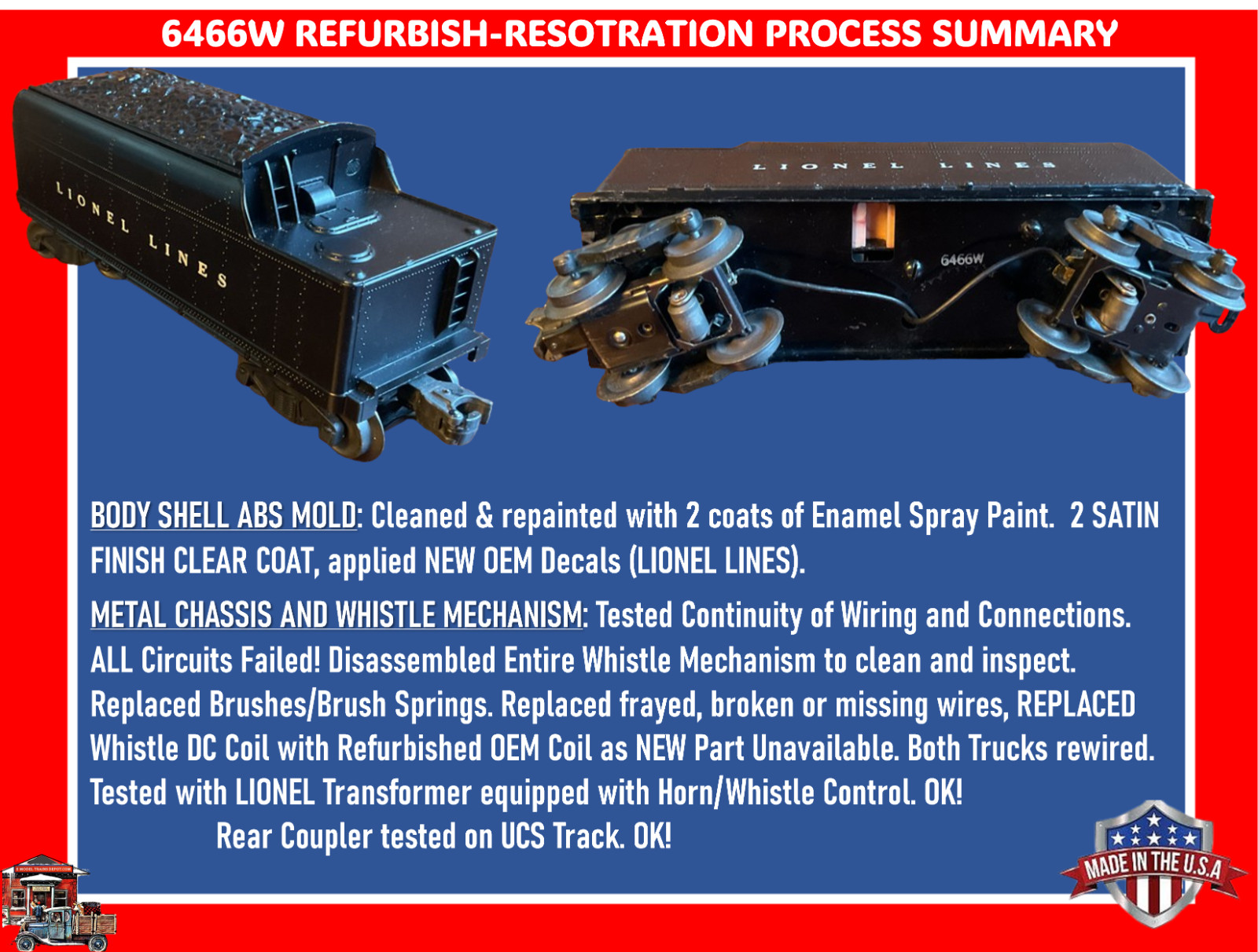 SELLER REFURBISHED LIONEL 2026 (1953) 2-6-4 STEAM ENGINE & 6466 W TENDER SET A+