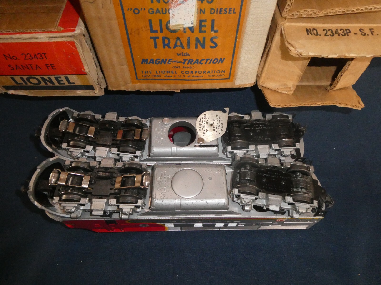 LIONEL 2343 AA SANTA FE F3’S IN OB’S, MASTER CARTON, & WRAPPING PAPER EXCELLENT