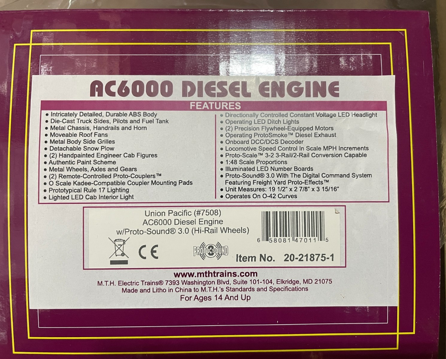 MTH 20-21875-1 UNION PACIFIC AC6000 #7508 FLAG AMERICA DIESEL ENGINE W/PS3 – NEW