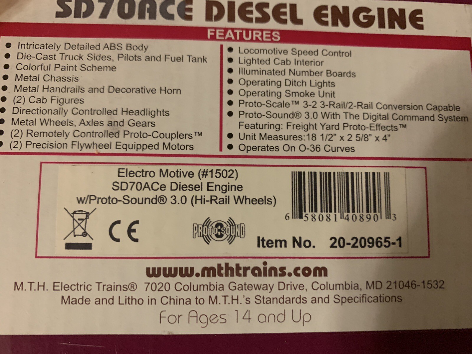 MTH PREMIER ELECTRO MOTIVE SD70ACE DIESEL ENGINE PS3! 20-20965-1 O SCALE
