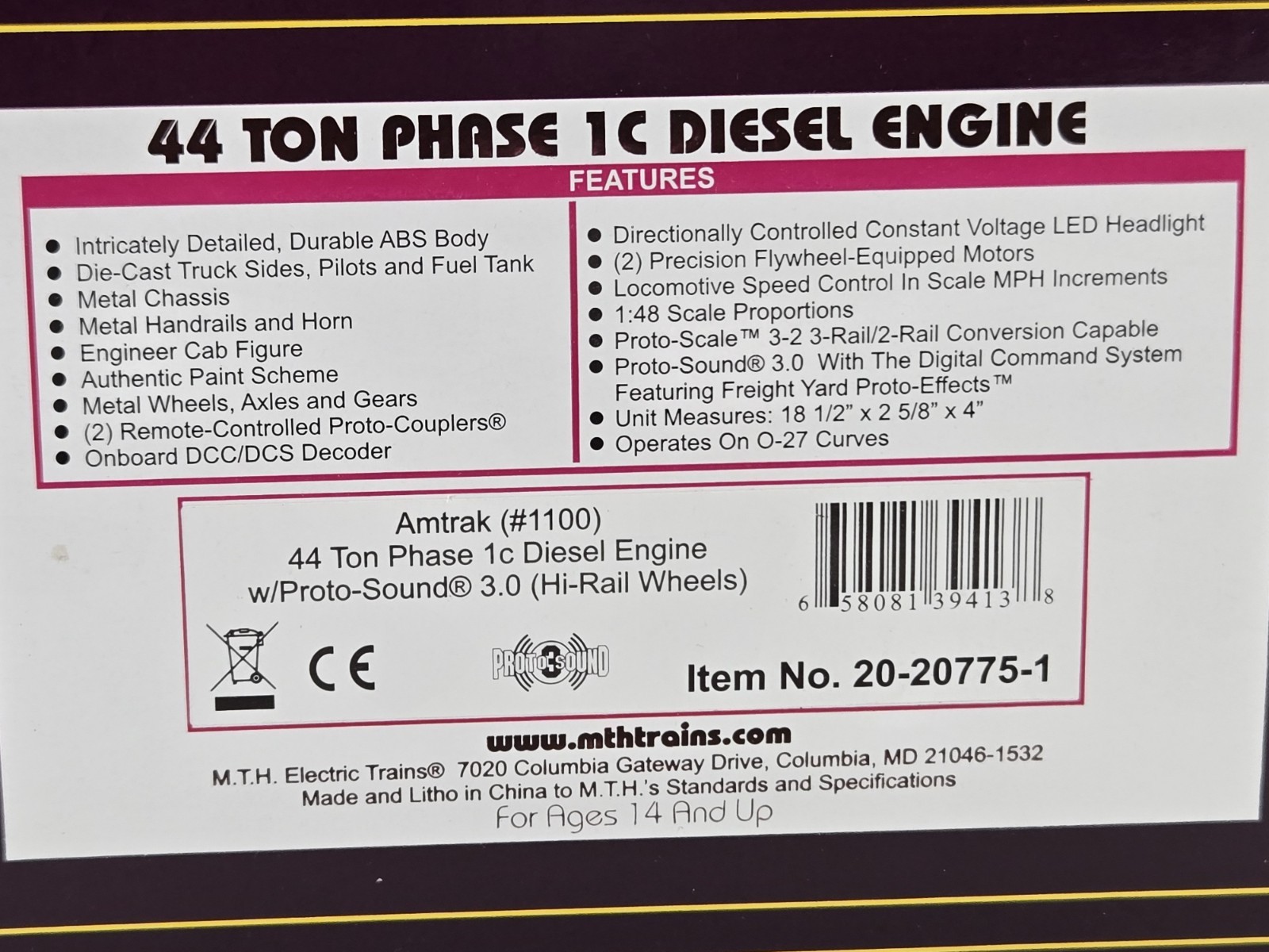 MTH 20-20775-1 Amtrak 44 Ton Phase 1c Diesel Engine – Proto 3.0 – NEW – VIDEO