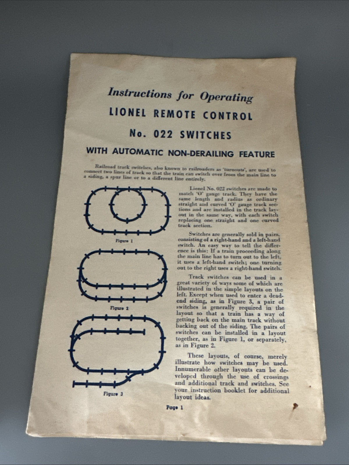 Instructions for Operating Lionel Remote Control No. 022 Switches original – b