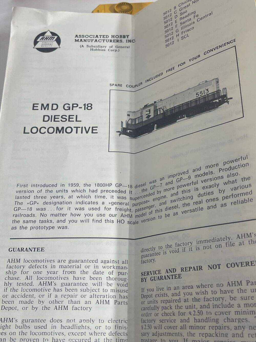 VTG AHM HO GUAGE READING LINES GP-18 LOCOMOTIVE L/N IN BOX!