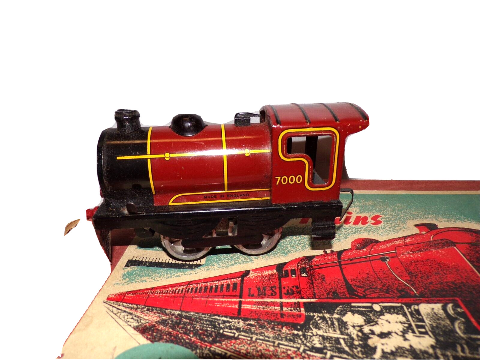 VINTAGE UK BRIMTOY TRAIN CLOCKWORK TRAIN SET WITH BOX