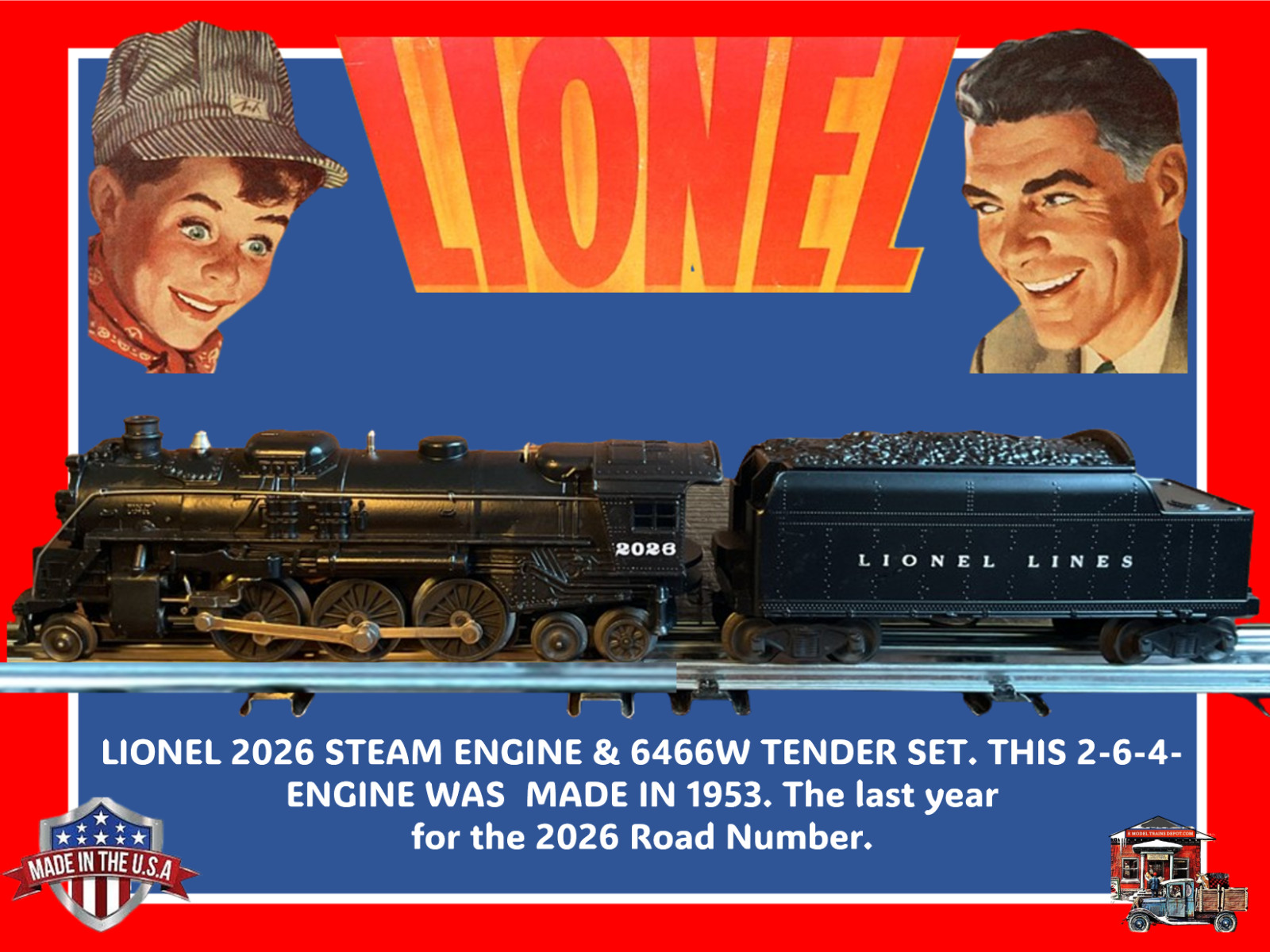 SELLER REFURBISHED LIONEL 2026 (1953) 2-6-4 STEAM ENGINE & 6466 W TENDER SET A+