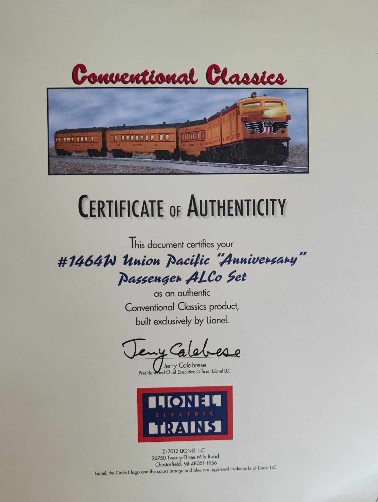Lionel O Gauge 1964W Union Pacific Anniversary ALCO Set – New, Open Box with CoA