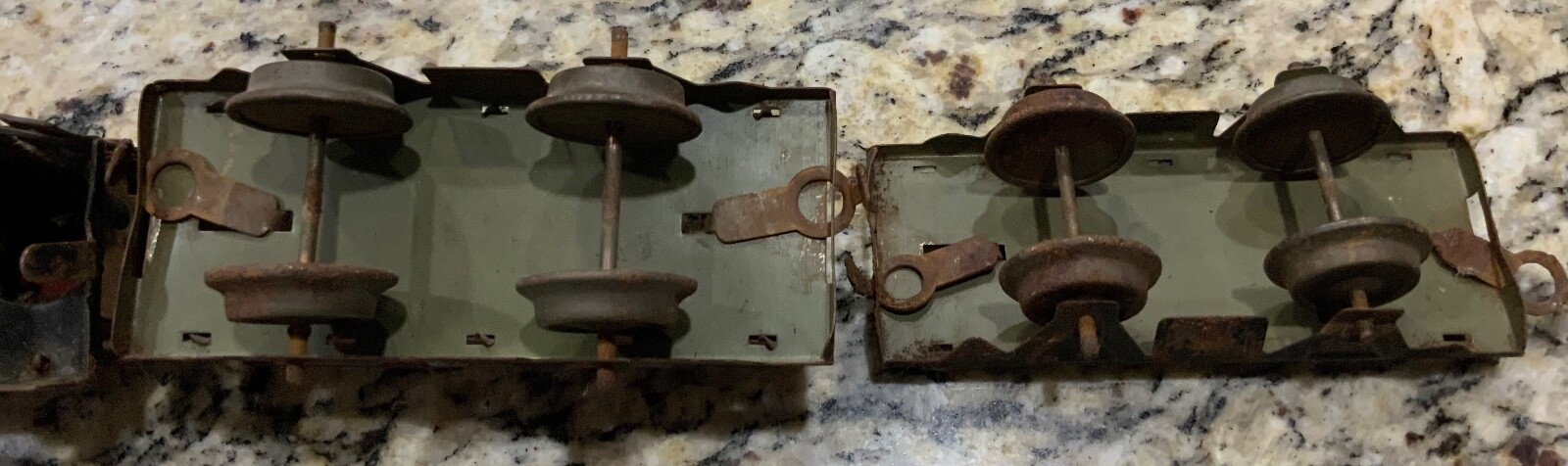 Marx O Gauge Joy Line Red Wind Up Locomotive Boxcar & Eagle Eye Caboose Pre War