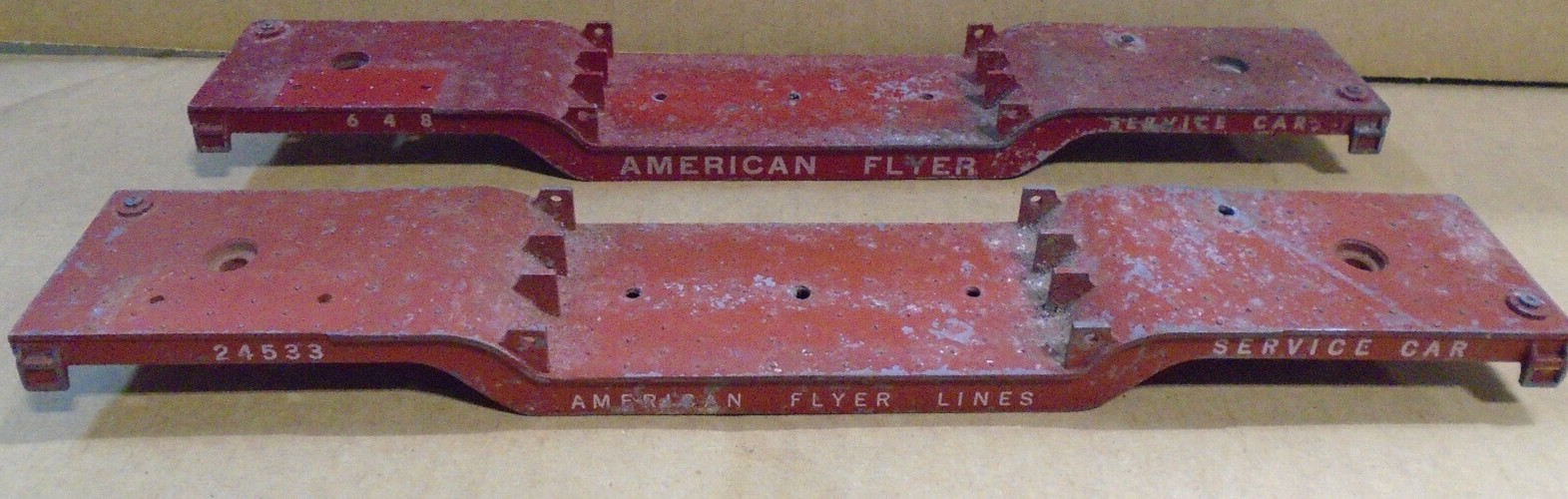 2 AMERICAN FLYER PA10358 S GAUGE DIE CAST METAL DEPRESSED CENTER FLAT CAR BODIES