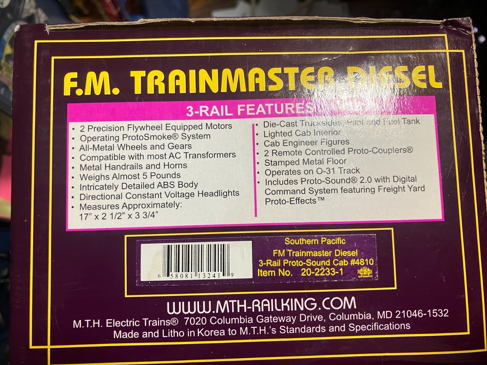 MTH PREMIER SOUTHERN PACIFIC FM TRAINMASTER DIESEL ENGINE 20-22233-1 O Ps2 BCR