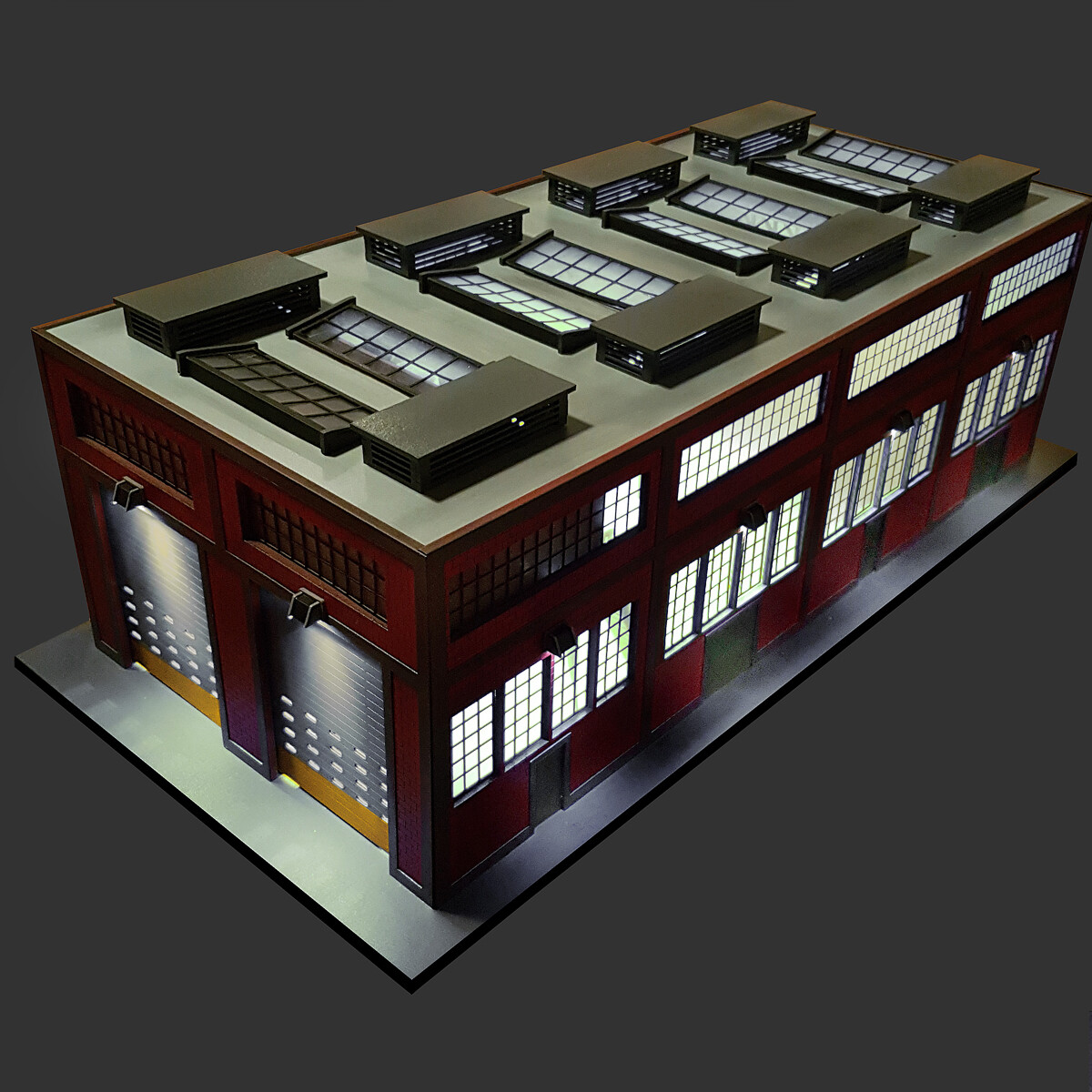 Two Stall Diesel Engine House w/Motorized Doors, Indoor/Outdoor Lighting O Gauge