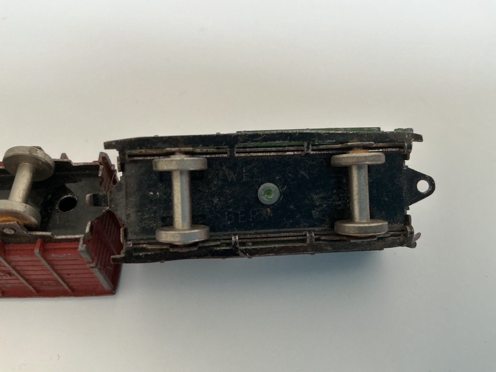 Small Vintage Train Engine, Brown Freight Van, Green Brake van – Western Germany