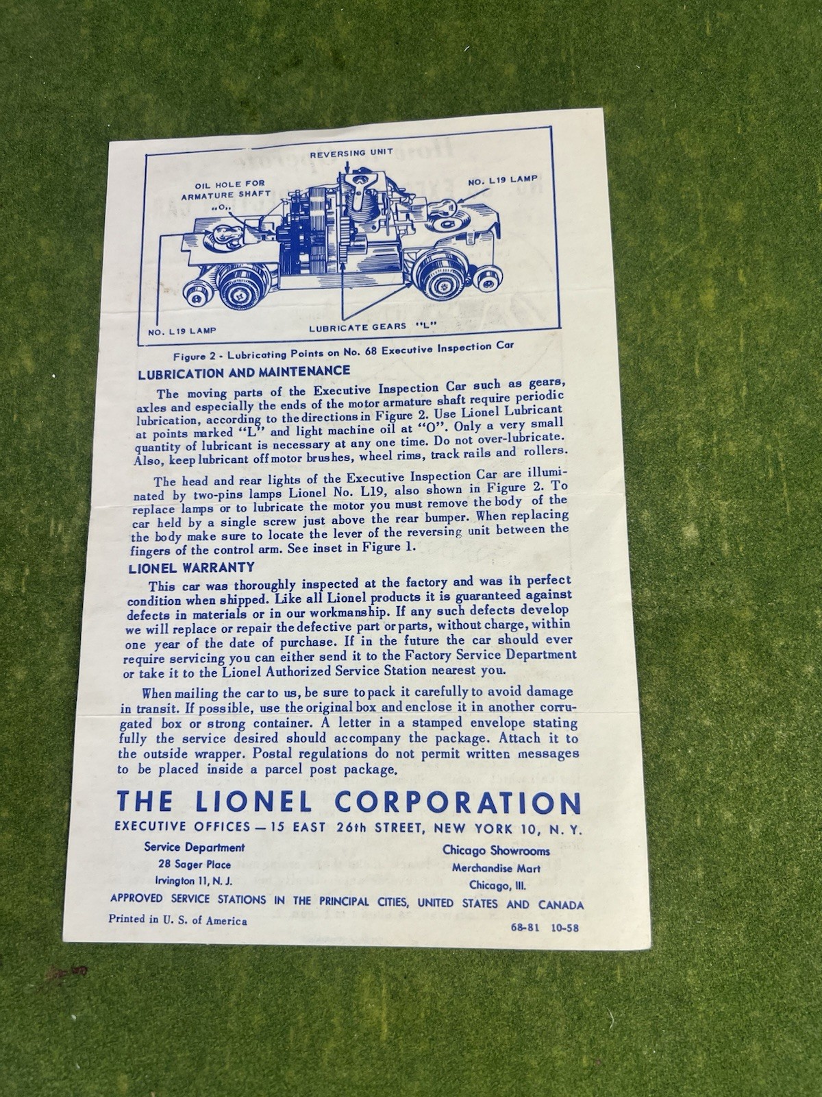 VINTAGE POSTWAR O GAUGE LIONEL #68 EXECUTIVE INSPECTION CAR ORIG. BOX & MANUAL!!