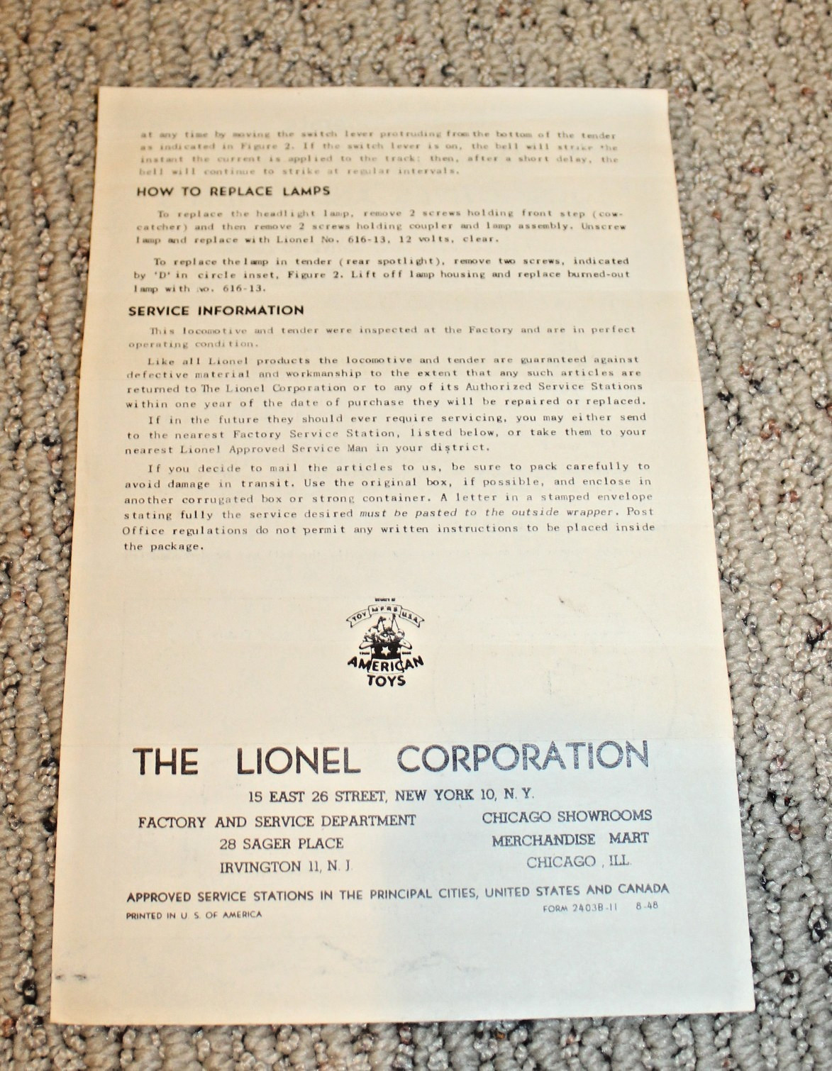 Lionel Postwar #2403B Tender Locomotive Instruction Sheet #2403B-11 8-48