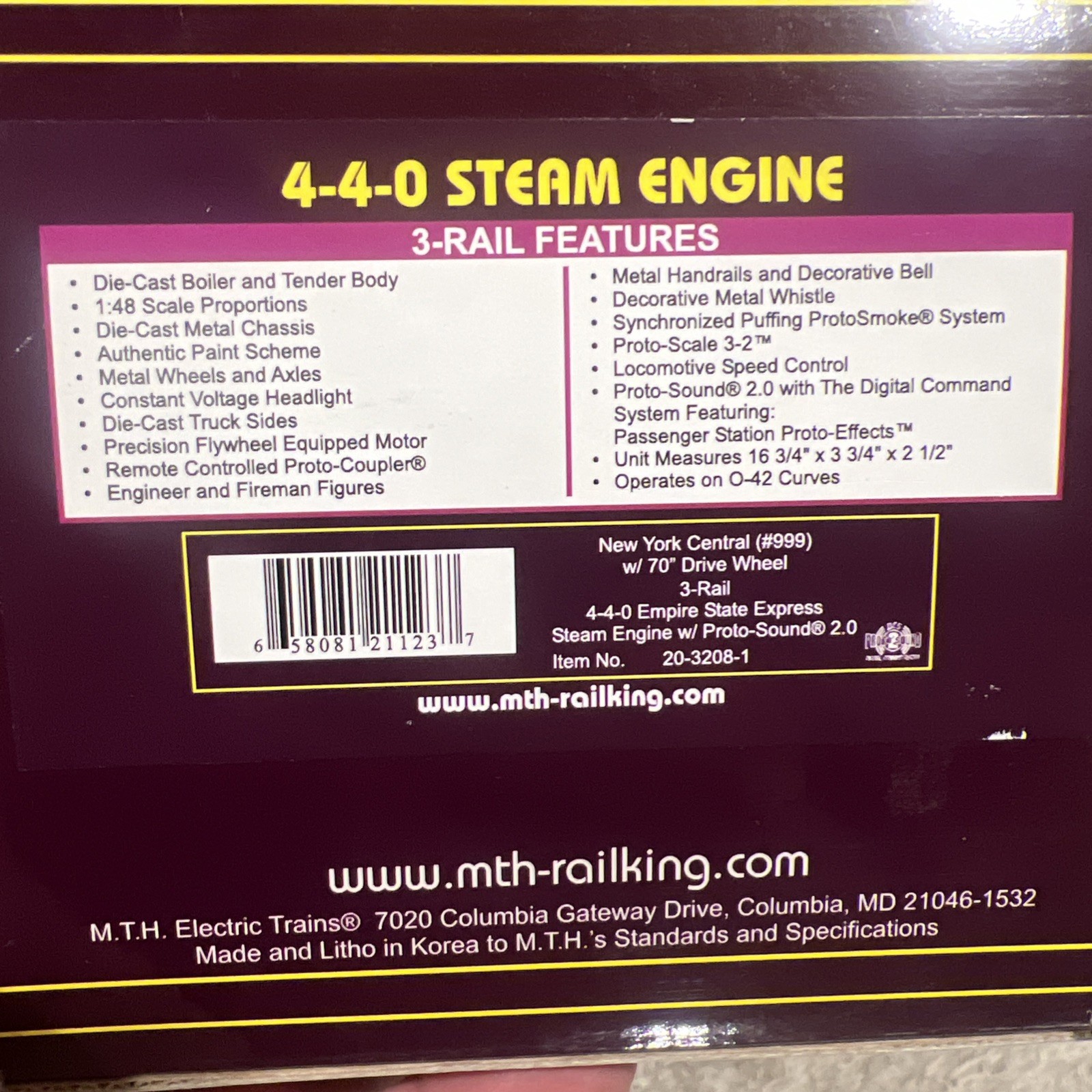 MTH 20-3208 Premier New York Central EMPIRE STATE EXPRESS Steam Engine P2 W/BCR
