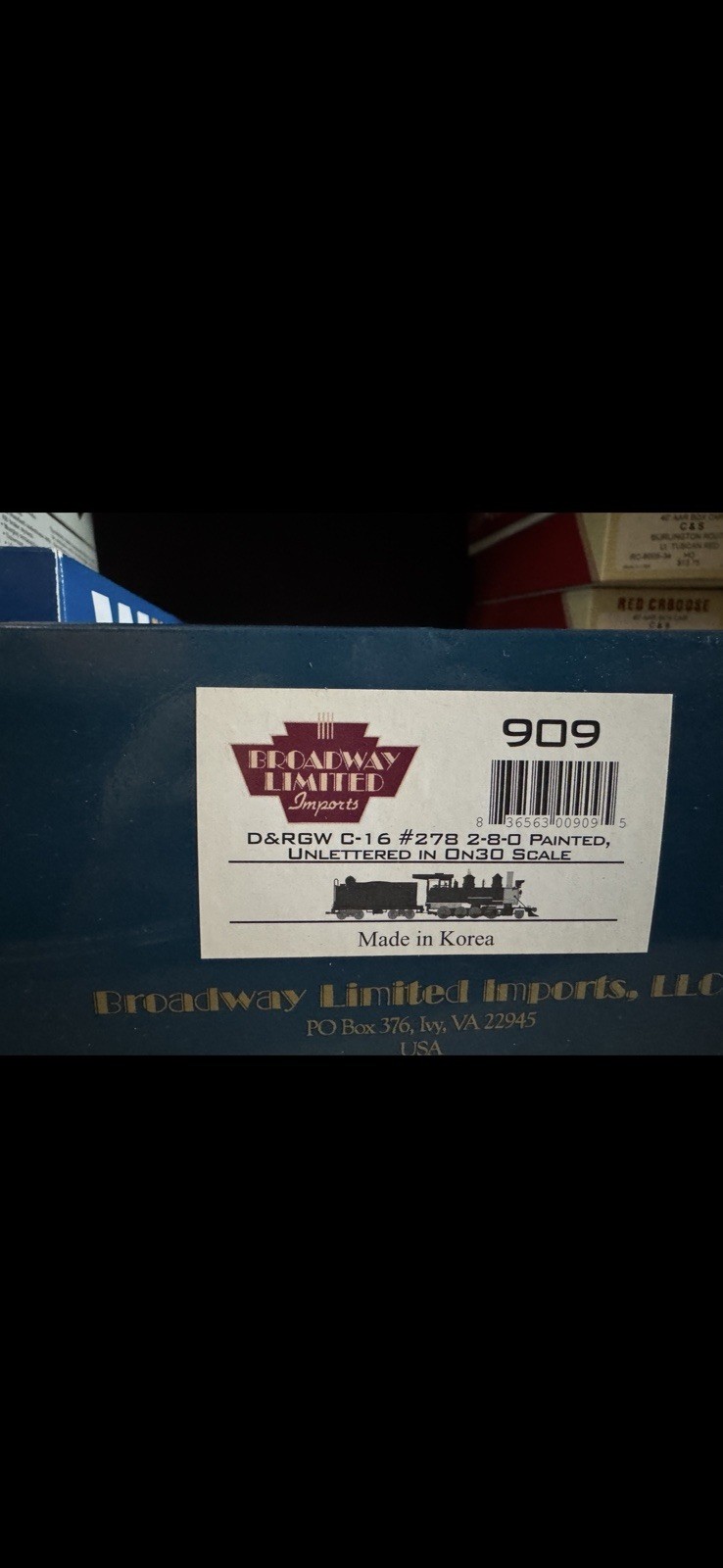 Broadway Limited On30 D&RGW C-16 2-8-0 Steam Locomotive #909 w/Tender Box Manual