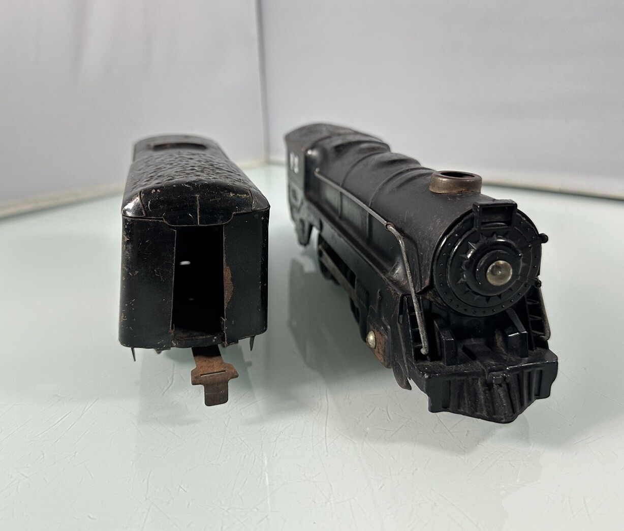 Marx Prewar Tin Train Locomotive and Pennsylvania Tender Black Pressed Metal Set
