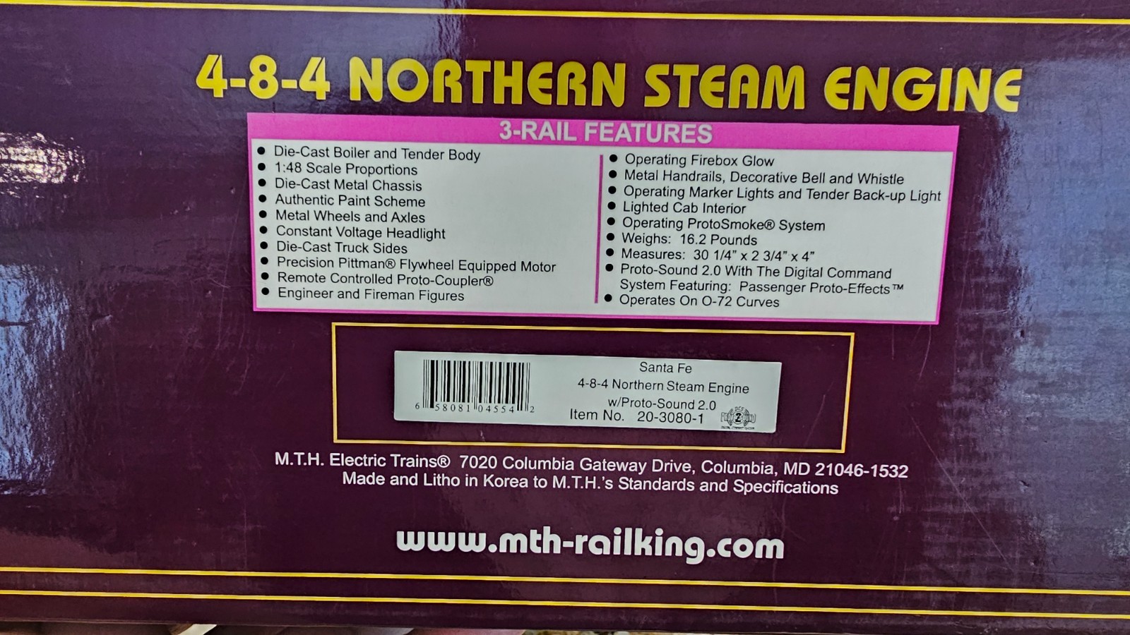 MTH AT&SF Santa Fe 4-8-4 Northern 2913 20-3080-1 3-Rail Excellent!