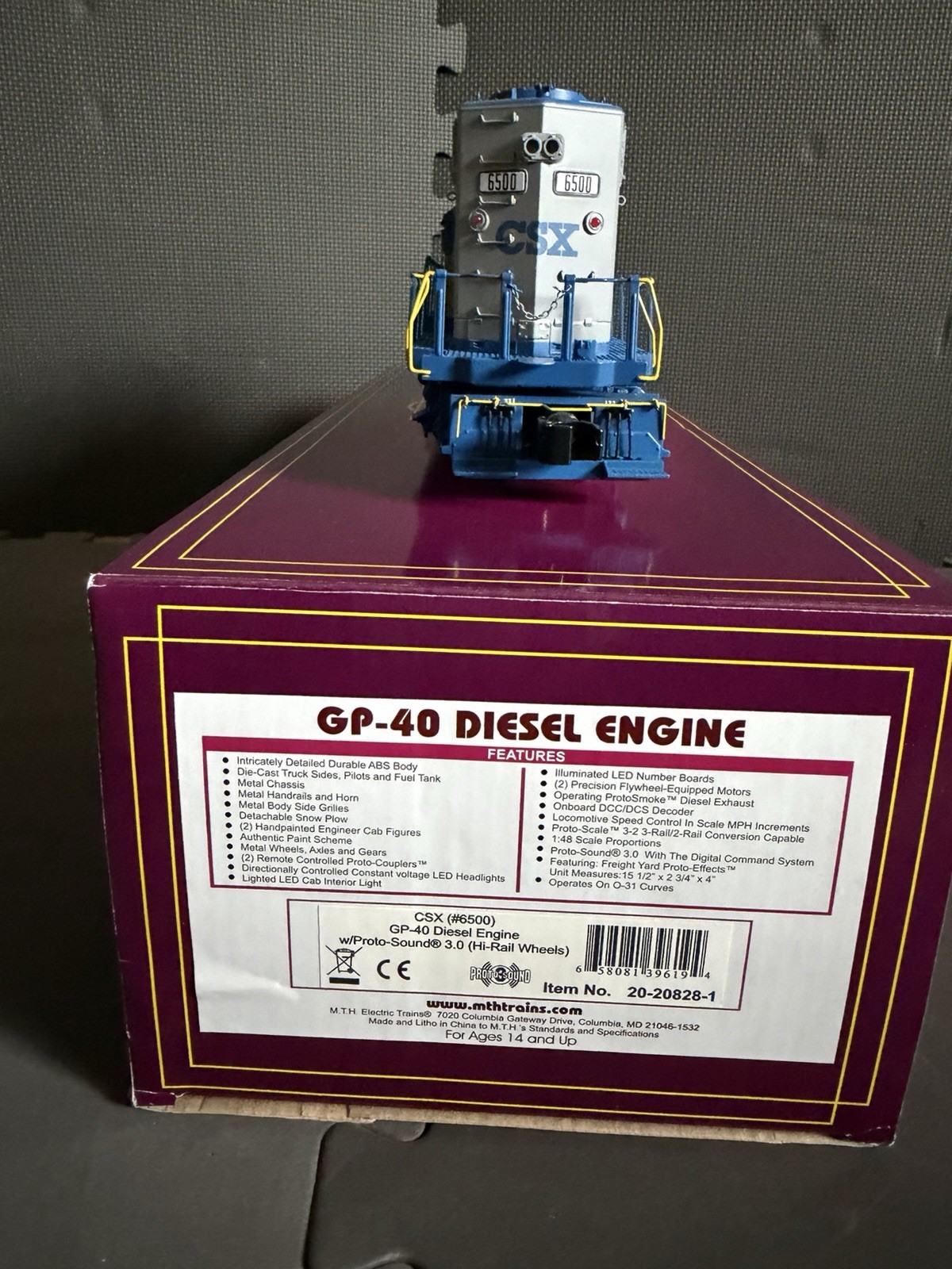 MTH GP-40 CSX #6500 O Gauge Diesel Locomotive 20-20828-1