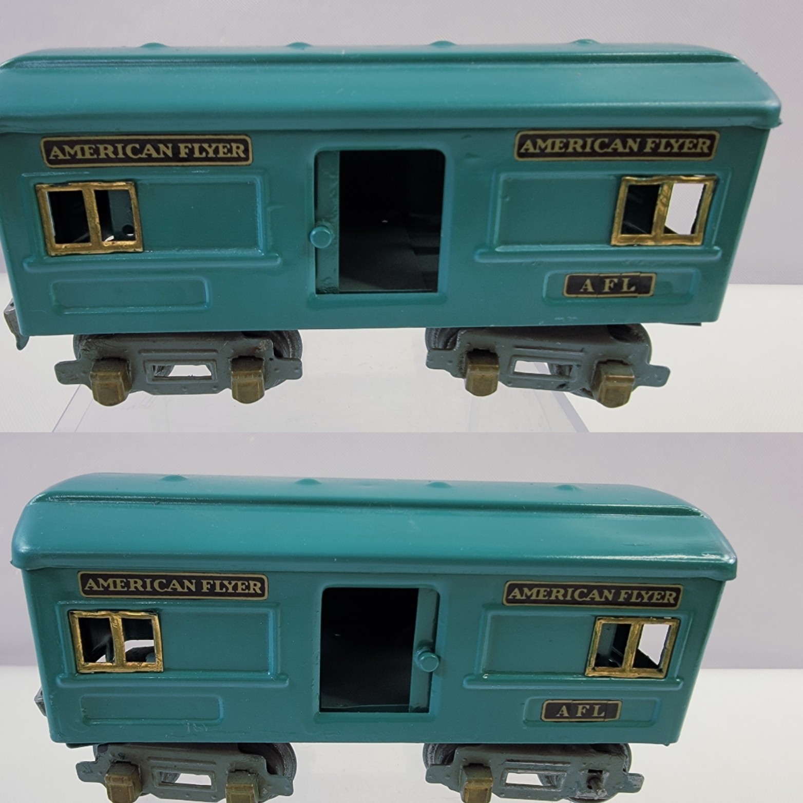 AMERICAN FLYER No. 3107 Locomotive w/ 3 Cars Green Tin Type Pre-War O Guage NICE
