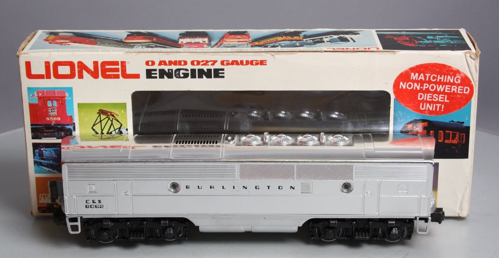 Lionel 6-8062 O Burlington F-3 B-Unit Chrome Non-Powered Diesel Locomotive #8062