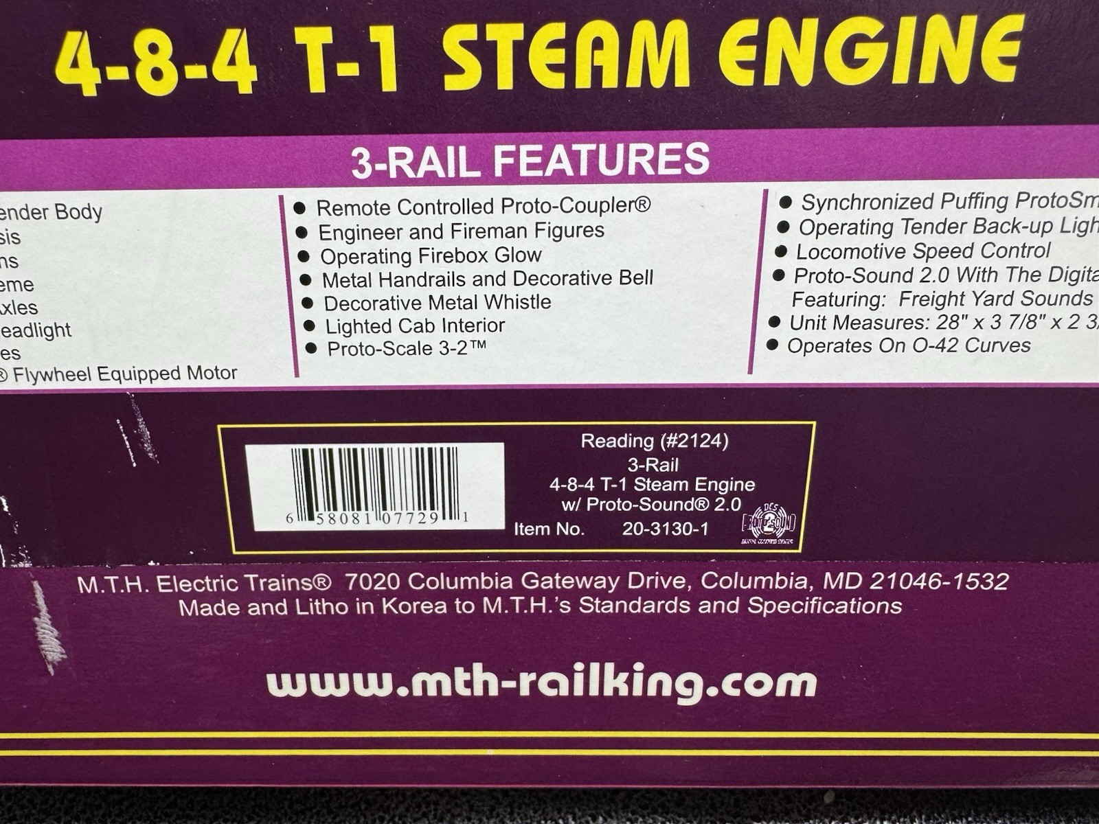 MTH 20-3130-1 Reading 4-8-4 T-1 steam engine #2124 PS2 BCR LNIB