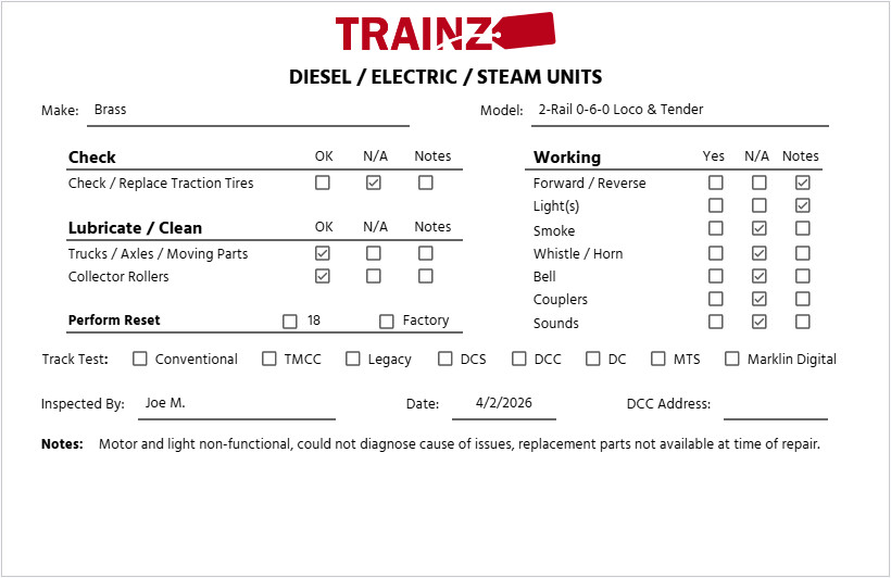 O 2-Rail BRASS 0-6-0 Steam Locomotive & Tender – Painted