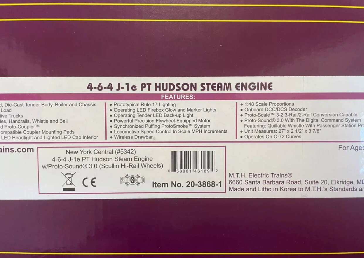MTH PREMIER NEW YORK CENTRAL J-1E PT HUDSON ENGINE WHISTLE STEAM PS3! 20-3868-1