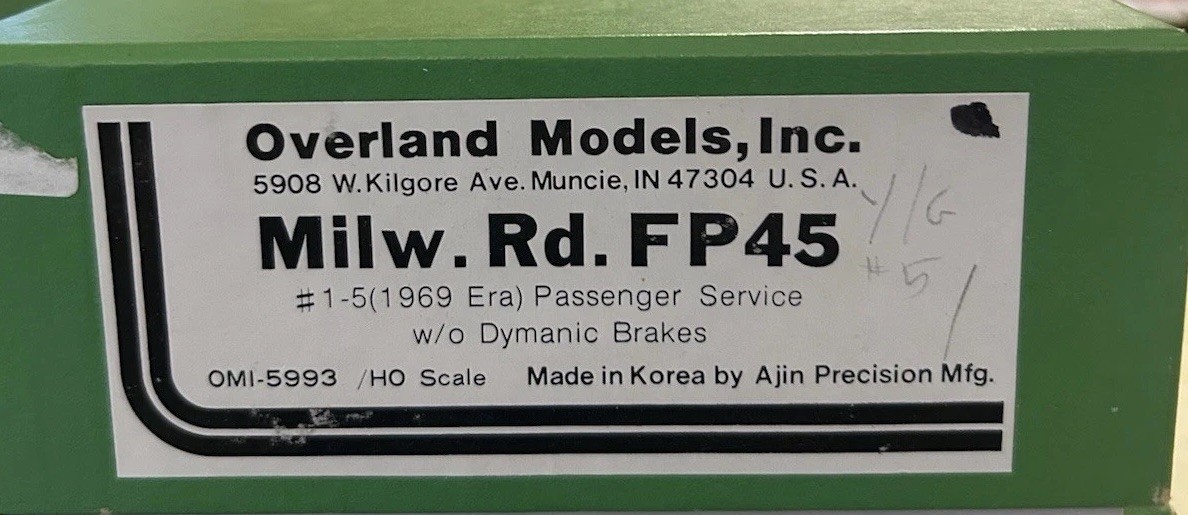 HO Overland Models Brass OMI-5993 FP45 Milwaukee Road Yellow Gray #5 1969 Era