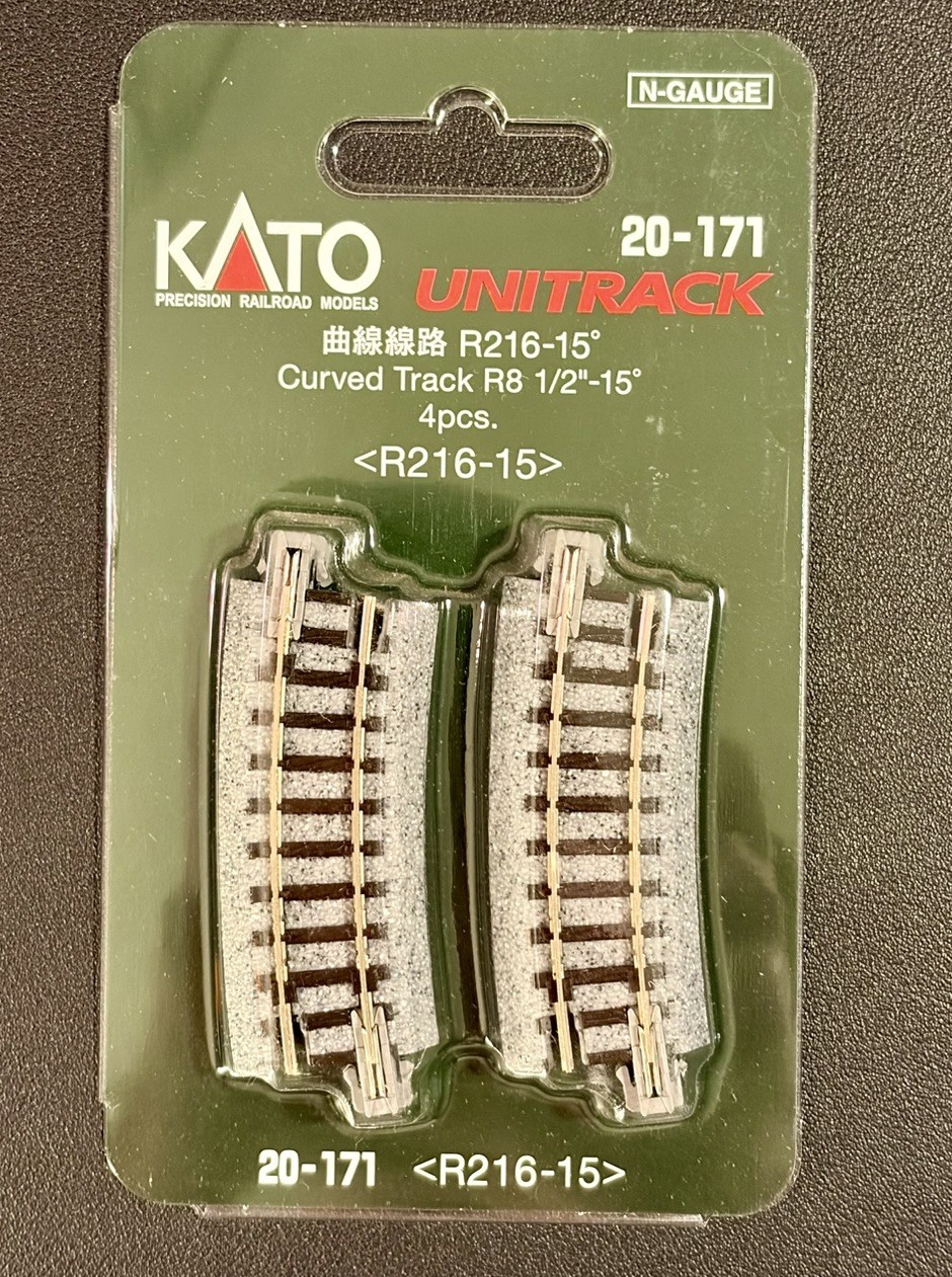 N Scale KATO 20-171 UniTrack 216mm (8 9/16″) Radius 15º Curve Track 4pcs NIB