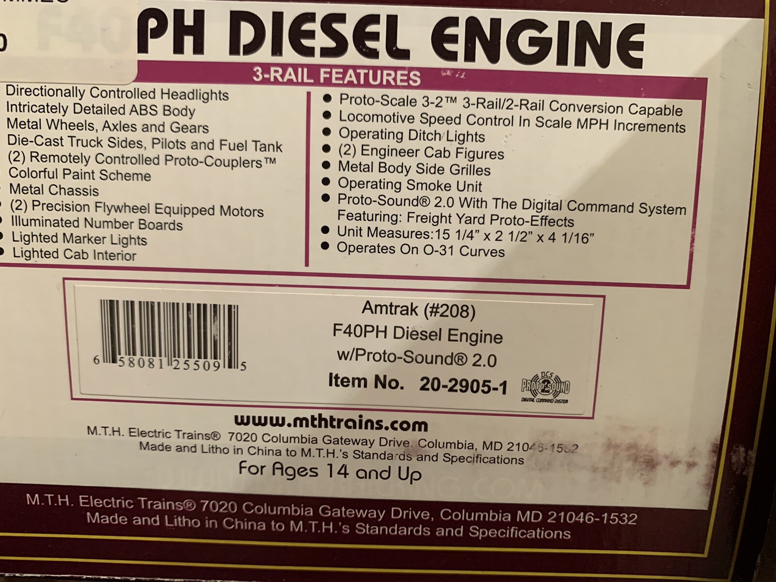 MTH PREMIER AMTRAK F40PH (PHASE 3) DIESEL ENGINE PROTOSOUND 2! 20-2905-1 O SCALE