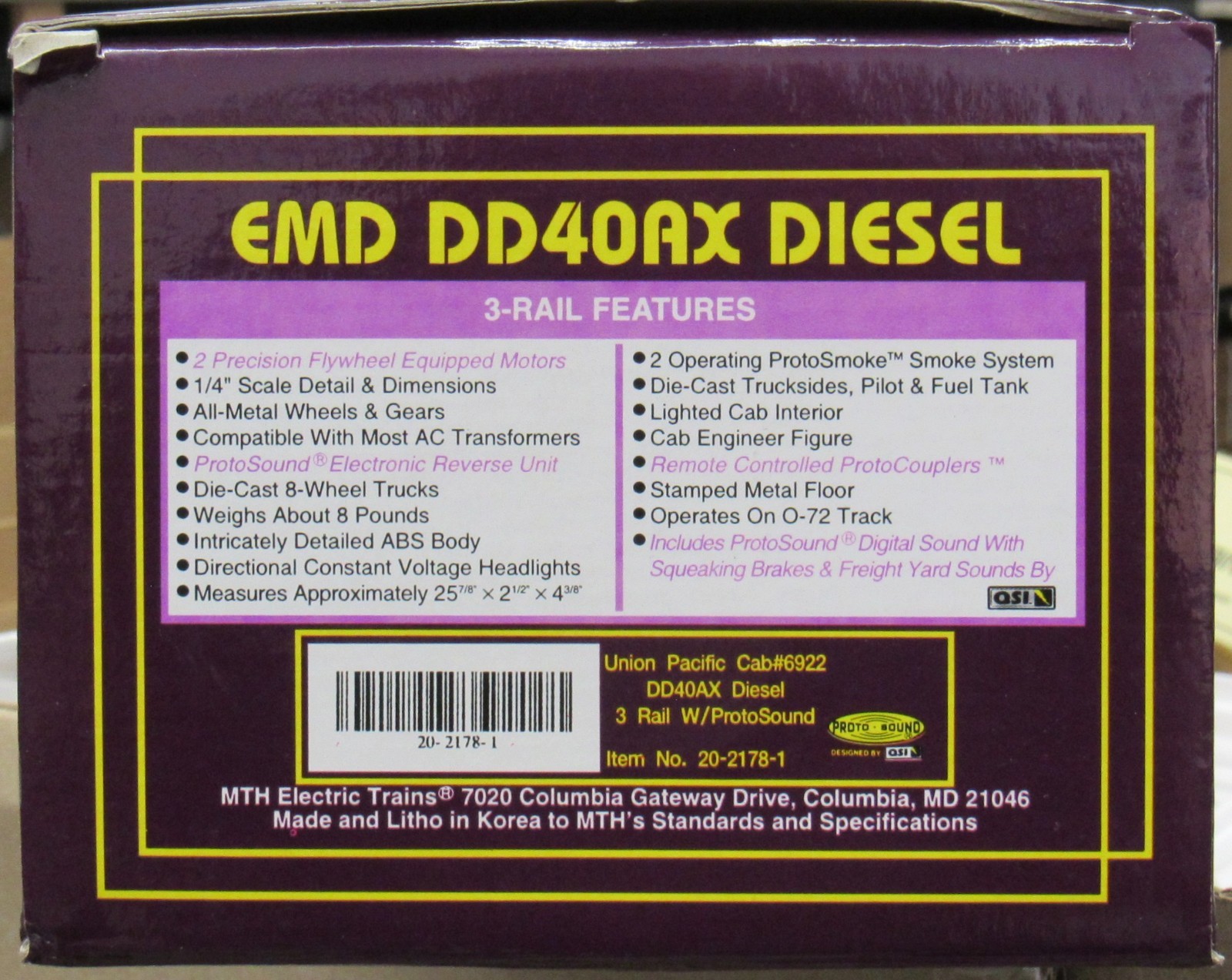 MTH Premier 20-2178-1 Union Pacific DD40AX Diesel Engine w/PS O-Gauge LNIB