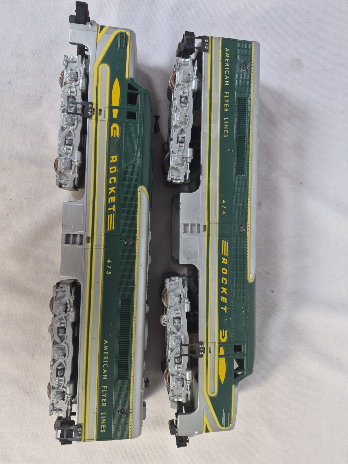 American Flyer S Gauge 474 475 Rocket A-A Diesel Locomotive Set Green Silver