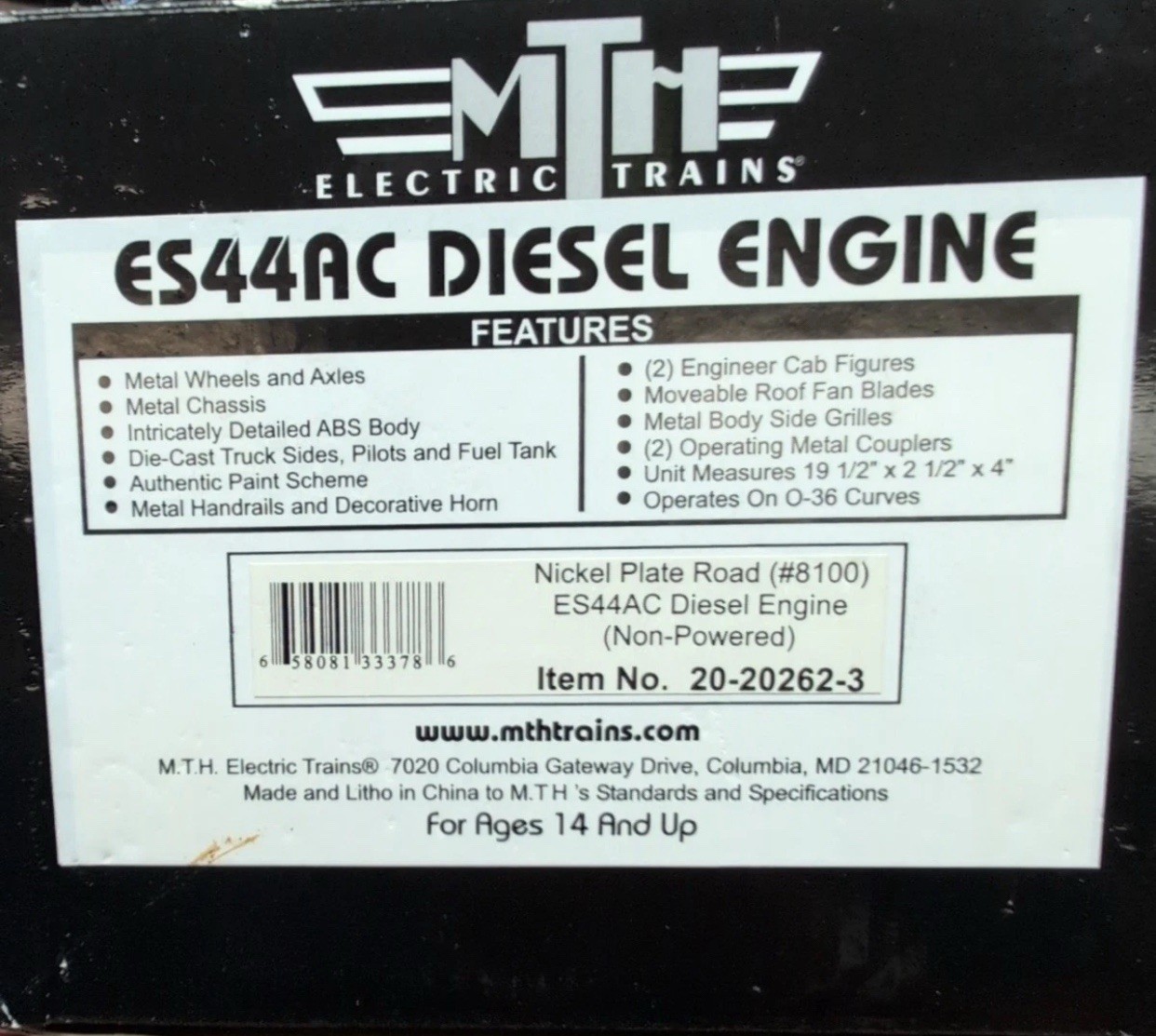 MTH PREMIER NICKEL PLATE ROAD NS HERITAGE ES44AC NON-POWERED DIESEL ENGINE DUMMY