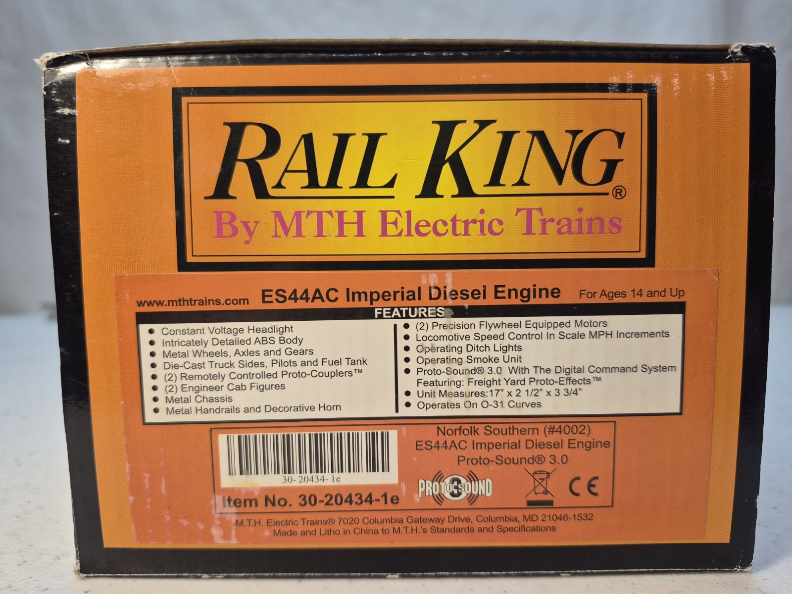 Rail King O Gauge 30-20434-1e Norfolk Southern ES44AC Imperial Diesel w/ PS3