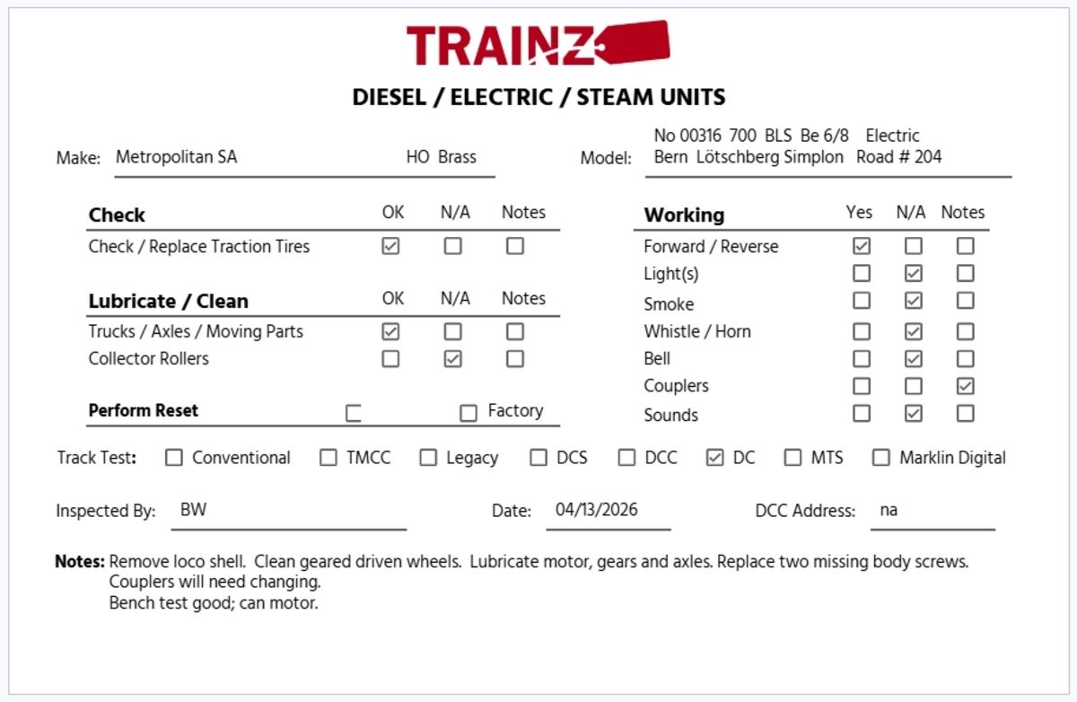 Metropolitan 700 HO Brass BLS Be 6/8 Super Electric Locomotive #204 EX/Box