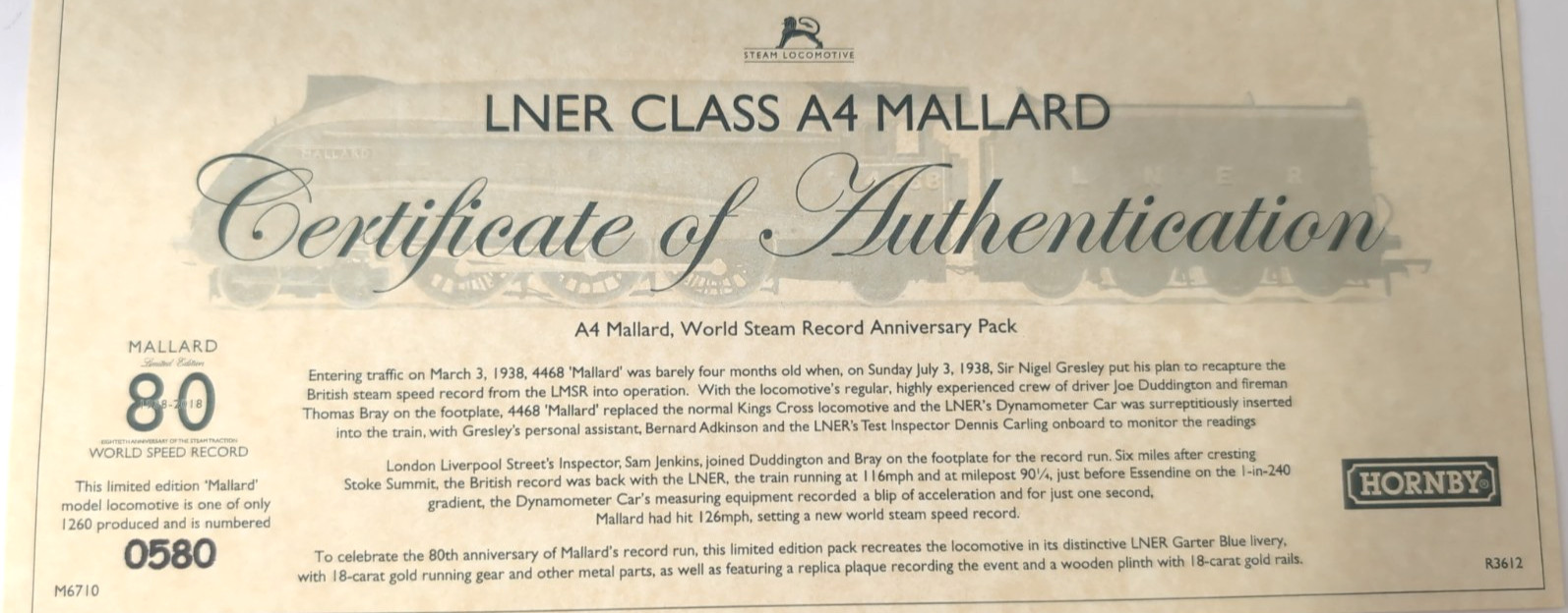 HORNBY – LNER 4-6-2 Class A4 Mallard “80th Anniversary” Limited Ed 18k Gold – OO